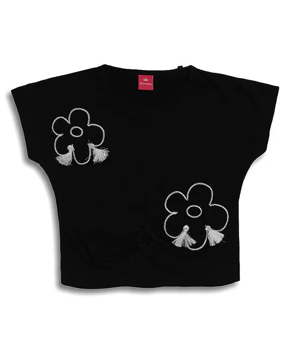 Sportking Cotton Half Sleeves Floral Designed Threadwork Embroidered Crop Top - Black